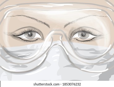 doctors eyes through safety glasses doctor with mask