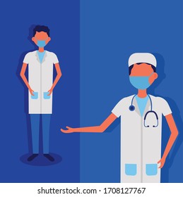 doctors with face masks characters vector illustration design