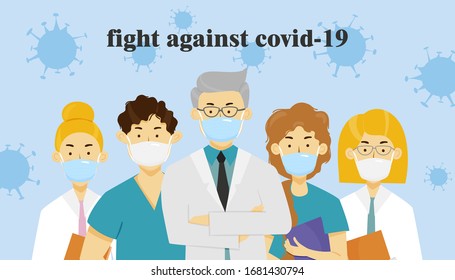 Médicos enmascarados luchan por la salud, ilustracion COVID-19, enfermedad del coronavirus.