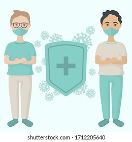 Doctors with face masks and shield illistration. Covid 19 poster vector.