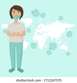 Médicos con máscaras faciales y mapas mundiales. Covid 19 vectores de póster.