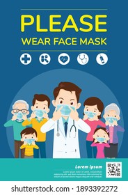 Doctors and family members Dad, Mom, Girl, Boy Campaign Please wear a face mask for media, poster, cover, banner.