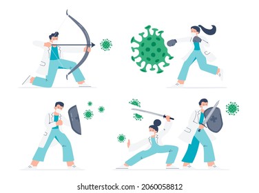 Doctors fight against modern viruses. Medicine protects the population from COVID-19. Vector flat illustrations isolated on white background.