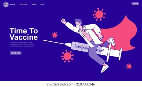 Doctors fight coronavirus with covid19 vaccine. The doctor rode a syringe to fight disease. Illustration outline about health care and safety.
