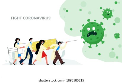 Doctors fight the covid-19 with a syringe of vaccine. The coronavirus is afraid and tries to escape. The vaccine is for everyone. Stay Healthy and Get Vaccinated.