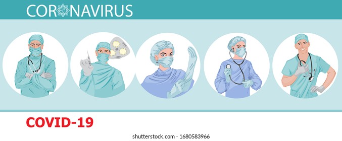 Doctors fighting against corona virus Vector icons. Pandemic epidemiology infectious disease