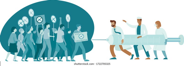 Doctors fighting against Anti Vaccination movement. Anti-Vaccine and Mandatory Immunization Protest Refusal. People Characters Rejecting Preventive Medicine. Flat vector concept Illustration