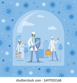 Doctors fights against viruses. Fight against covid-19 corona virus. Stop epidemic. Flat vector illustration.