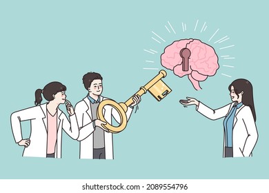 Los médicos encuentran la clave del cerebro. Estudio y desarrollo del comportamiento mental y emocional. Profesores o psicólogos examinan las oportunidades mentales de las personas. Concepto de psicología. Ilustración vectorial. 