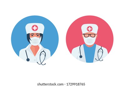 Doctors flat icons set, man and woman. Beautiful nurse in protective mask. Doctor in white medical uniform, hat with a cross, and stethoscope. Character cartoon. Vector illustration design.