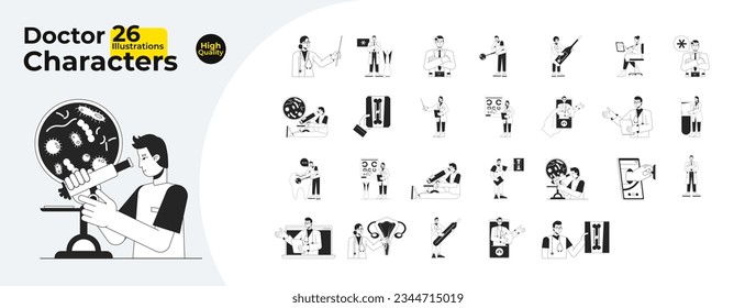 Doctors flat line black white vector characters bundle. Editable isolated outline people. Consultations and treatments simple cartoon style spot images collection for web graphic design