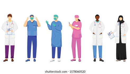 Doctors flat vector illustrations set. Multicultural therapists, general practitioners. Surgeon, nurse cartoon characters. Female arabic medic, african american physician isolated on white background