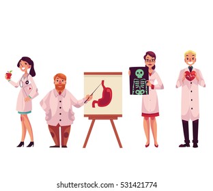 Doctors - general practitioner, radiologist, heart surgeon and professor, cartoon vector illustration isolated on white background. Male and female medical workers, doctors, health care professionals