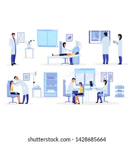 Doctors, general practitioners, therapists flat illustrations set. Medical  workers diagnosing cartoon characters. Orthopedist, otolaryngologist, ophthalmologist, sonographer examining patients
