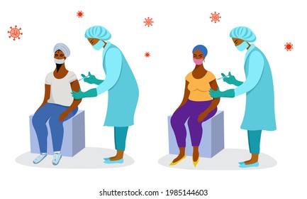 Doctors give people a coronavirus vaccine. Vaccination against viruses. People are sitting, and the doctor injects them into their arm.