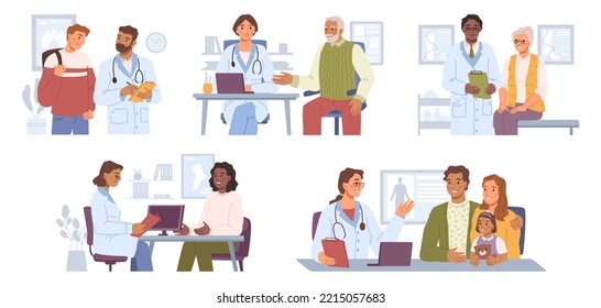 Doctors giving consultations to patients in clinics and hospitals. Family doc giving prescription and treatment, Flat cartoon character, vector in flat style