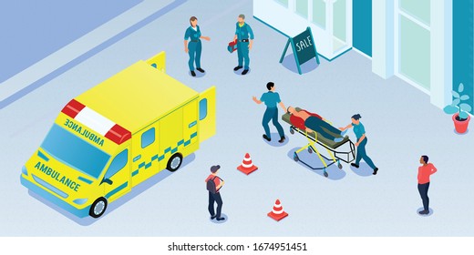 Doctors giving first aid and carrying injured person to ambulance car 3d isometric vector illustration