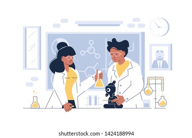 Doctors in glasses working at laboratory vector illustration. Scientists doing research and experiments at medical lab with special equipment flat style concept