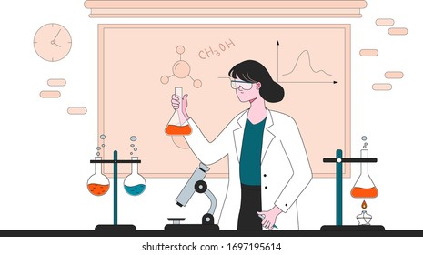 Doctors in glasses working at laboratory vector illustration. Scientists doing research and experiments at medical lab with special equipment flat style concept