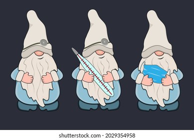 Doctors Gnomes with a medical mask and a thermometer in their hands. Vector illustration