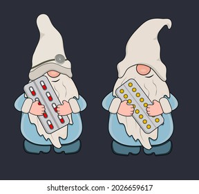 Doctors Gnomes with pills in their hands. Vector illustration