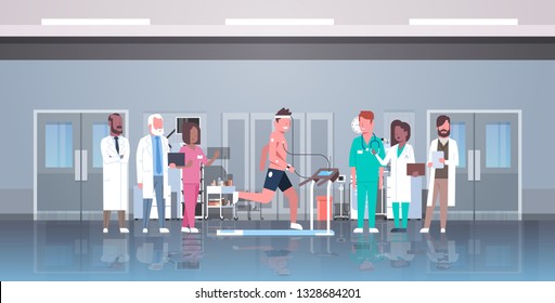 Doctors Group Checking Male Patient Running On Treadmill With Electrodes Attached To Body Sports Cardiology Science Concept EKG Laboratory Interior Horizontal Flat Full Length