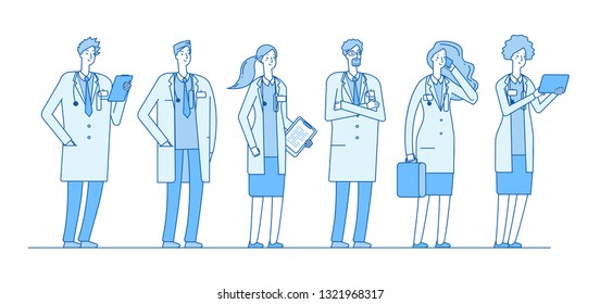 Doctors group. Doctor medicine workers people surgeon nurse pharmacist standing group linear flat healthcare hospital vector concept