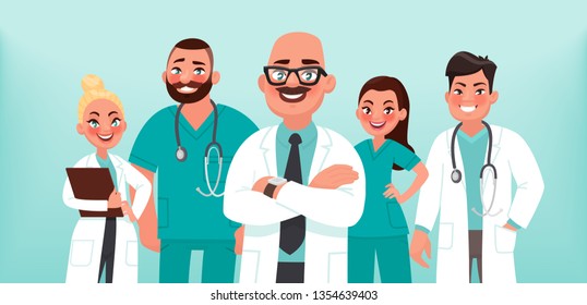 Doctors. A group of health workers. Chief physician and medical specialists. Vector illustration in cartoon style