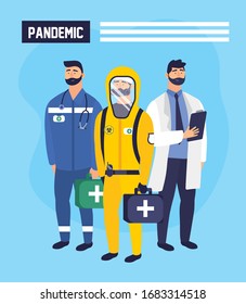 doctors group of pandemic suits vector illustration design