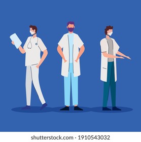 doctors group wearing medical masks characters vector illustration design