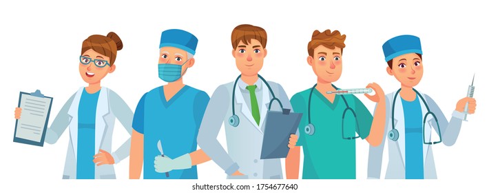 Doctors group. Young medical workers, hospital team and clinic doctor. Health care teamwork. Medicine professionals, staff people in uniform with equipment cartoon vector illustration.