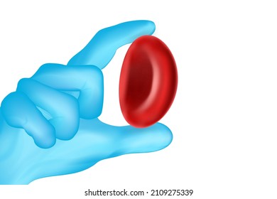 Doctor's hand in blue gloves hold of red blood isolated on white background. vector illustration.
