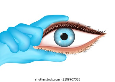Doctor's hand in blue gloves hold of human eye isolated on white background. vector illustration.