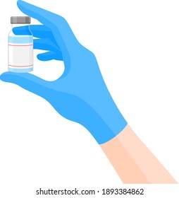 Doctors hand in blue gloves holding coronavirus, covid-19 vaccine. vaccination shot, medicine and drug concept. Vector illustration.