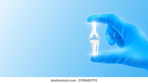 Doctor's hand in blue gloves holding knee joint bone. Shows human organ model close up on white background with blank space for your text. Medical health care analyzes. Vector realistic images.