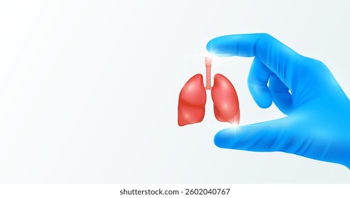 Doctor's hand in blue gloves holding lung. Shows human organ model close up on white background with blank space for your text. Medical health care analyzes. Vector realistic images.