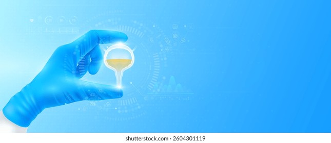 Doctor's hand in blue gloves holding virtual hologram bladder close up. Checks the result on interface analyzes data. Innovative technologies future medical health care. Banner vector.