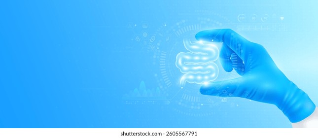 Doctor's hand in blue gloves holding virtual hologram small intestine close up. Checks the result on interface analyzes data. Innovative technologies future medical health care. Banner vector.