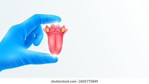 Doctor's hand in blue gloves holding tongue. Shows human organ model close up on white background with blank space for your text. Medical health care analyzes. Vector realistic images.