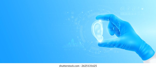 Mão do médico em luvas azuis segurando a orelha holográfica virtual perto. Verifica o resultado nos dados de análise da interface. Tecnologias inovadoras futuras assistência médica. Vetor de banner.