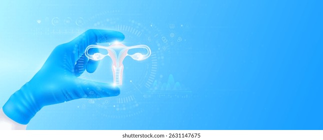 Doctor's hand in blue gloves holding virtual hologram uterus close up. Checks the result on interface analyzes data. Innovative technologies future medical health care. Banner vector.