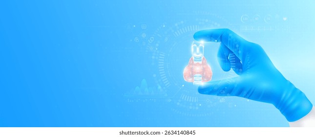 Mano del médico en guantes azules que sostienen la glándula tiroides holográfica virtual de cerca. Comprueba el resultado en los datos de análisis de interfaz. Tecnologías innovadoras para la atención médica del futuro. Vector de Anuncio.