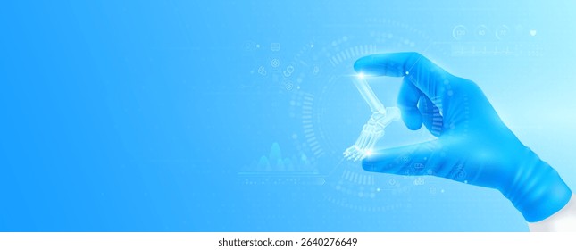 Doctor's hand in blue gloves holding virtual hologram ankle joint bone close up. Checks the result on interface analyzes data. Innovative technologies future medical health care. Banner vector.