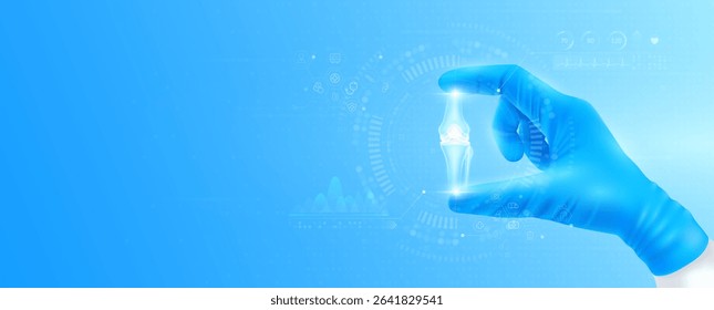 Doctor's hand in blue gloves holding virtual hologram knee joint bone close up. Checks the result on interface analyzes data. Innovative technologies future medical health care. Banner vector.