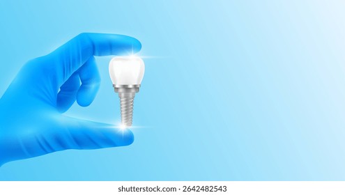 Doctor's hand in blue gloves holding dental implant. Shows human organ model close up on white background with blank space for your text. Medical health care analyzes. Vector realistic images.