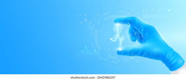 Doctor's hand in blue gloves holding virtual hologram hip joint bone close up. Checks the result on interface analyzes data. Innovative technologies future medical health care. Banner vector.