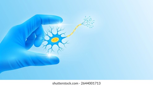 Mão do médico em luvas azuis segurando a célula nervosa. Mostra o fechamento do modelo de órgão humano no plano de fundo branco, com espaço em branco para o texto. Análises médicas. Imagens realistas vetoriais.