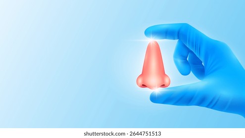 Doctor's hand in blue gloves holding nose. Shows human organ model close up on white background with blank space for your text. Medical health care analyzes. Vector realistic images.