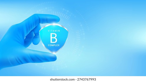 Doctor's hand in blue gloves holding blue vitamin B complex shield. Medical science concept. Vector.