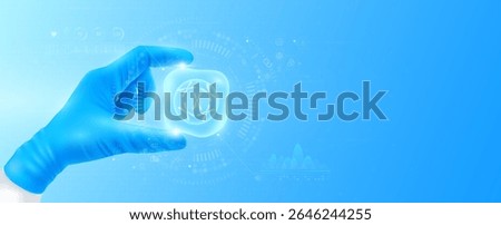 Doctor's hand in blue gloves holding virtual hologram cell DNA in chromosome. Checks the result on interface analyzes data. Innovative technologies future medical health care. Banner vector.